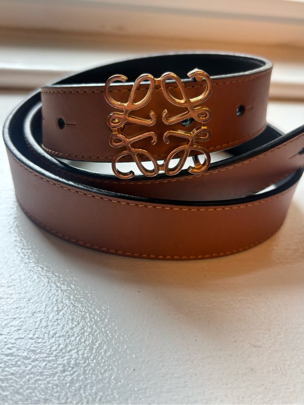 Loewe  reversible Black/ Chestnut Brown Leather Belt with Gold Anagram Buckle